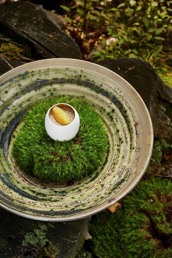 A Country Egg With Dried Morel Mushrooms And Whitefish Caviar By Heinrich Schneider, Chef And Owner Of The Auener Hof Restaurant, South Tyrol, Italy Photograph by Jalag / Andrea Di Lorenzo