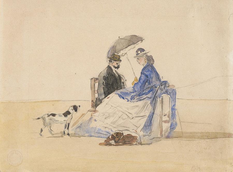 Eugene Boudin Painting - A Couple Seated on the Beach with Two Dogs, 1865 by Eugene Boudin