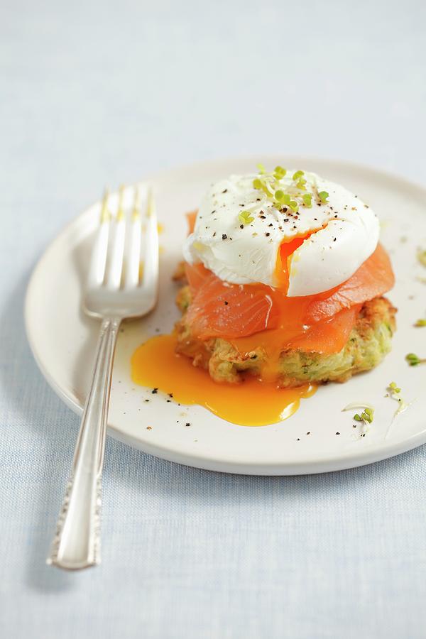 A Courgette Fritter With Smoked Salmon And A Poached Egg Photograph by Castilho, Rua