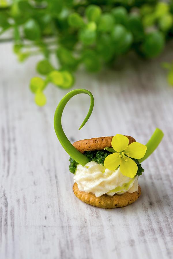 A Cracker With Cream Cheese, Pesto, Spring Onions And A Rocket Flower Photograph by Sandra Krimshandl-tauscher