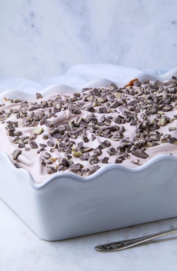 A Creamy Cake With Chocolate Chips In A White Dish Photograph by Jennifer Blume