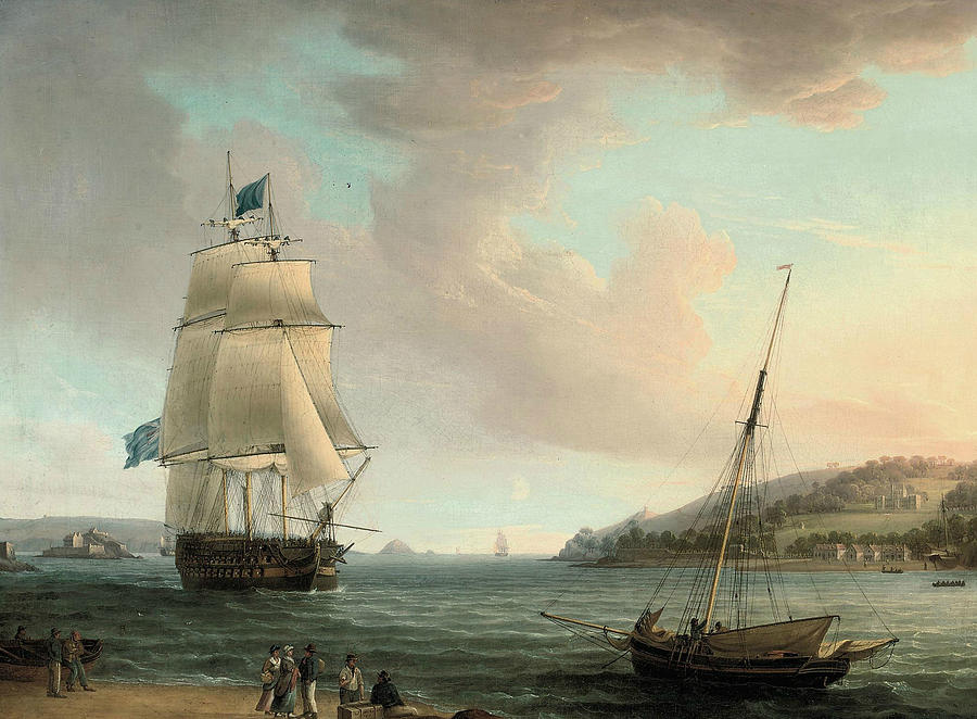 A crowded flagship of an Admiral of the Blue passing Mount Edgcumbe as she closes into port at Plymo Painting by Thomas Whitcombe
