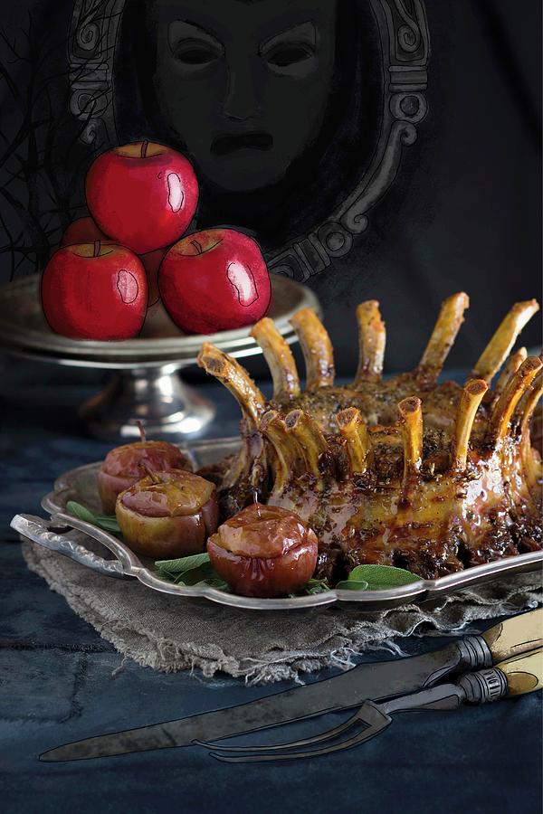 A Crown Of Pork Ribs With Raisin-filled Apples For Halloween Photograph by Great Stock!