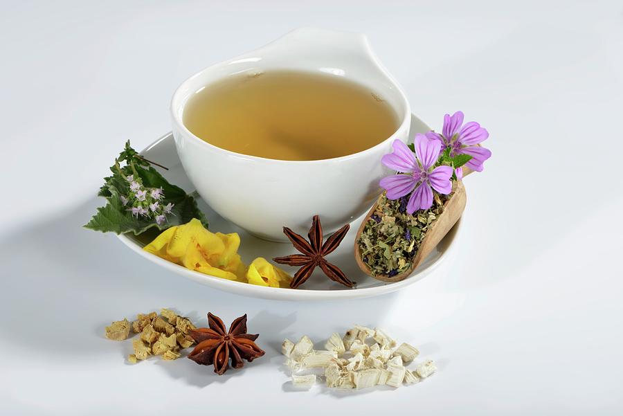 A Cup Of Herbal Tea With Marsh Mallow Leaves, Marsh Mallow Root, Liquorice, Thyme, Lungwort, Star Anise, Mallow Flowers And Mullein Flowers Photograph by Otmar Diez