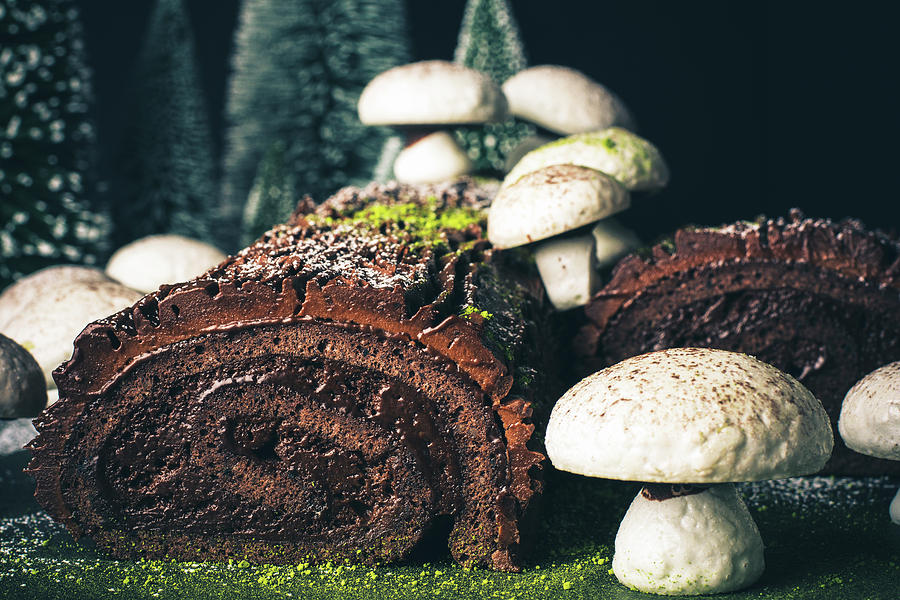 A Dark Chocolate Yule Log With Meringue Mushrooms Photograph by Christian Kutschka