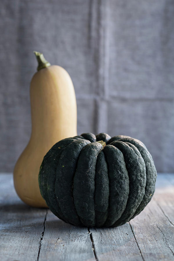 A Dark Green Pumpkin And A Butternut Squash Photograph by Eising Studio