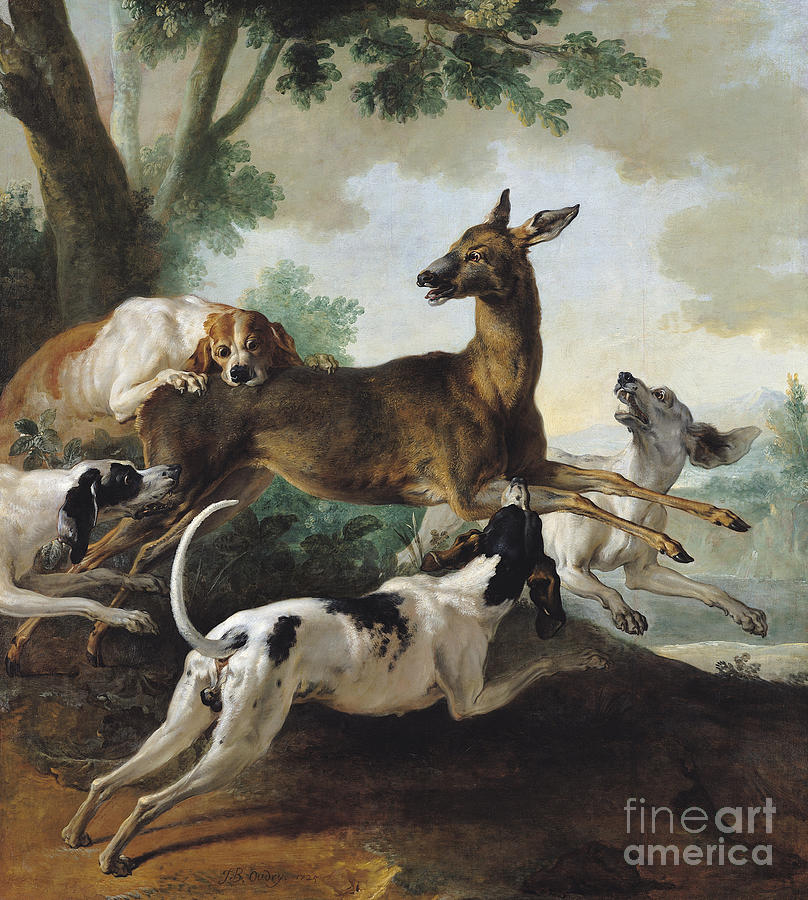 A Deer Chased By Dogs, 1725 Painting by Jean-baptiste Oudry