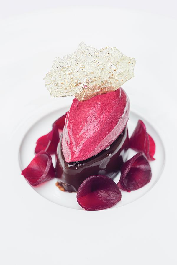 A Dessert From The Restaurant Le Roscanvec: Dark Chocolate And Beetroot, Brittany, France Photograph by Jalag / Miquel Gonzalez