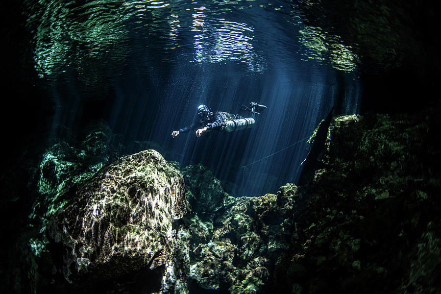 A Diver Hovers Under Sunbeams Photograph by Stocktrek Images