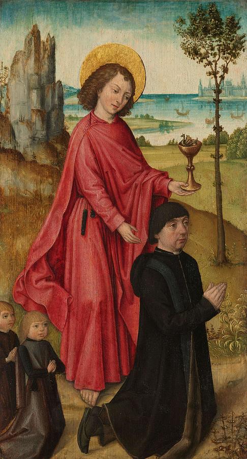 A Donor and his two Sons with Saint John the Evangelist, inner left wing of a triptych. Painting by The -Bruges- Master of the Legend of Saint Ursula -workshop of-