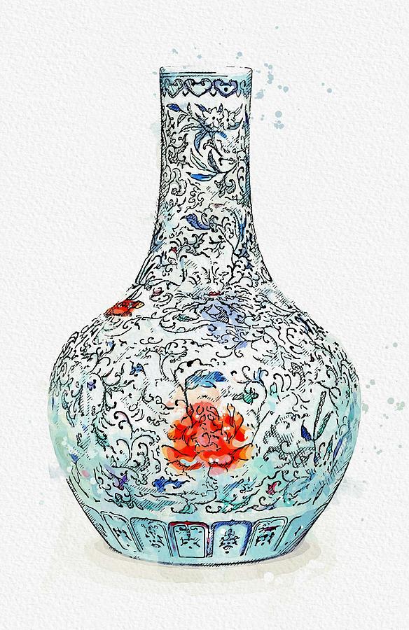 A DOUCAI  FLORAL SCROLL BOTTLE VASE QING DYNASTY, 18TH 19TH CENTURY 2 watercolor by Ahmet Asar Painting by Celestial Images