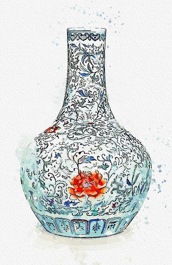 A DOUCAI  FLORAL SCROLL  BOTTLE VASE QING DYNASTY 18TH 19TH CENTURY watercolor by Ahmet Asar Painting by Celestial Images
