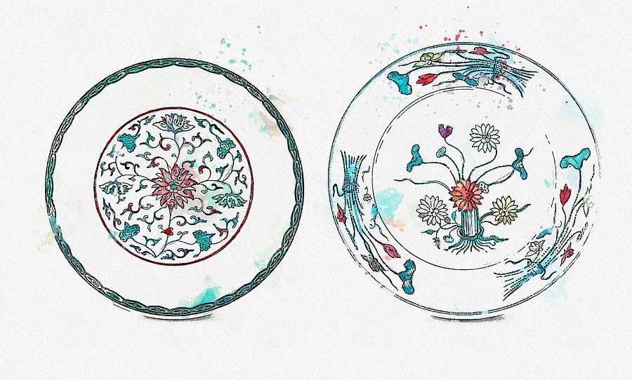 A DOUCAI  LOTUS BOUQUET  DISH AND A DOUCAI  LOTUS DISH QING DYNASTY 18TH CENTURY watercolor by Ahm Painting by Celestial Images