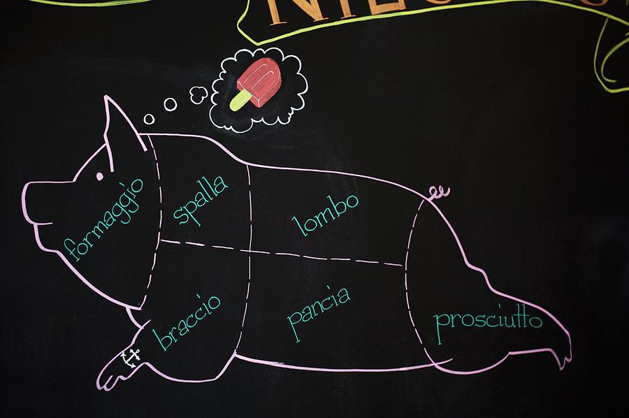 A Drawing Of A Pig On A Blackboard With Cuts Labelled In Italian Photograph by Jennifer Martine