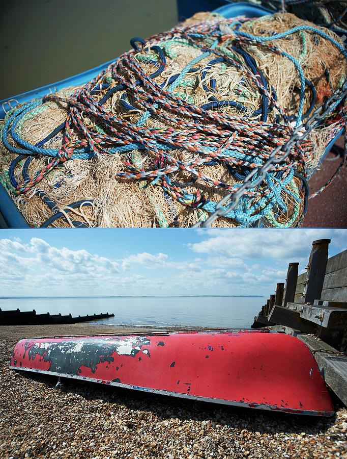 A Dual Image: Fishing Nets And Rope; An Upturned Boat On The Beach Photograph by Osborne, Ria
