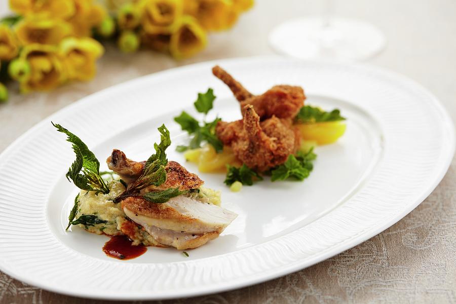 A Duo Of Spring Chickens On A Bed Of Stinging Nettle Polenta And A Potato And Watercress Salad Photograph by Herbert Lehmann