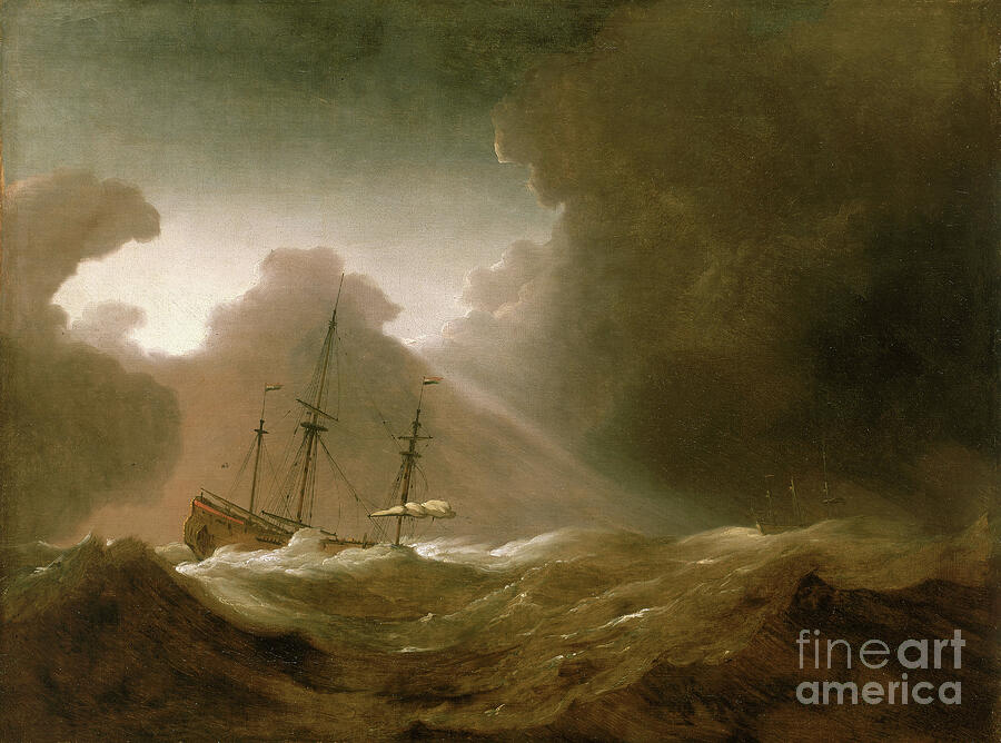 Transportation Painting - A Dutch Ship Scudding Before A Storm, Circa 1690 by Willem Van De The Younger Velde