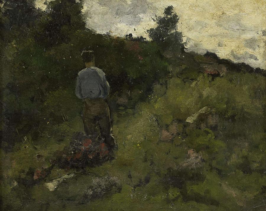 A Farmer walking along the Fringe of a Wood. Painting by Richard Nicolaus  Roland Holst -1868-1938-