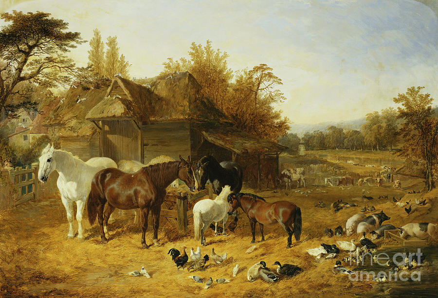 Animal Painting - A Farmyard With Horses And Ponies, Berkshire, Saddlebacks, Alderney Shorthorn Cattle, Bantams, Mallard And Guinea Fowl, With A Country Mansion By A River In The Distance, 1853 by John Frederick Herring Snr