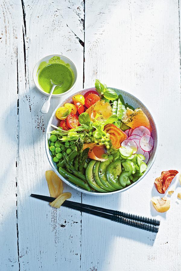 A Feel-good Buddha Bowl With Different Vegetables, Avocado And Salmon Photograph by Jalag / Joerg Lehmann