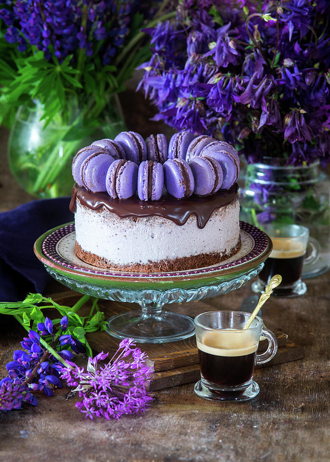 A Festive Blackberry Cake With Chocolate Glaze And Blue Macaroons Photograph by Irina Meliukh