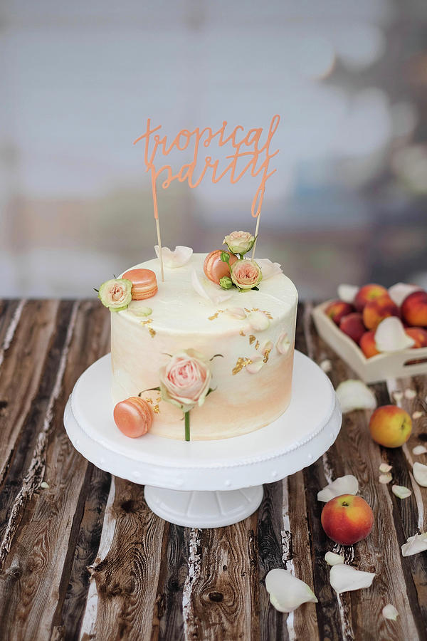 A Festive Peach Cake With Peach Macaroons And Roses Photograph by Marions Kaffeeklatsch