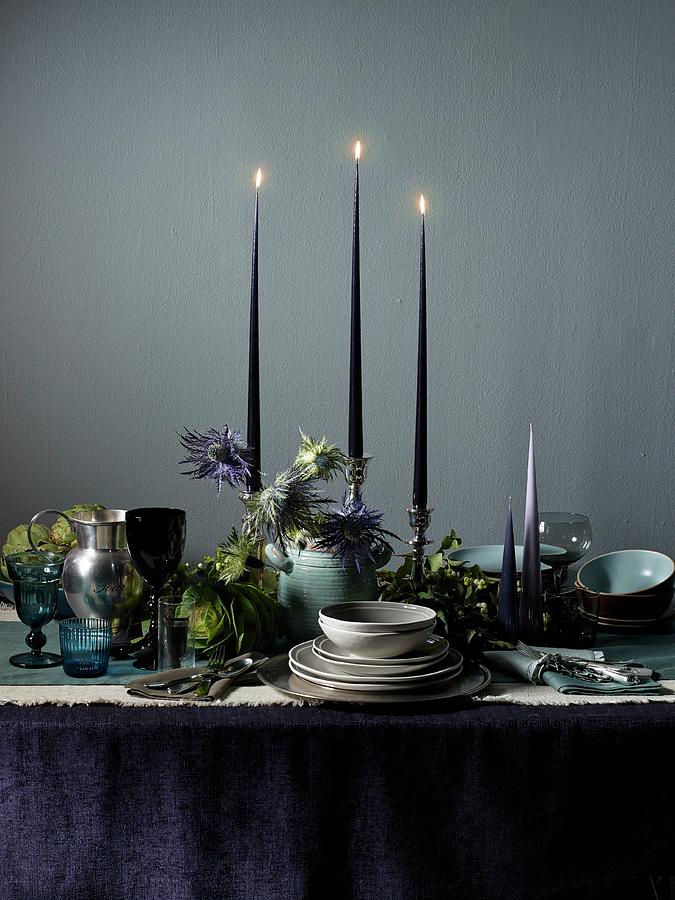 A Festive Table Decorated In Dark Blue Tones Photograph by Clinton Hussey