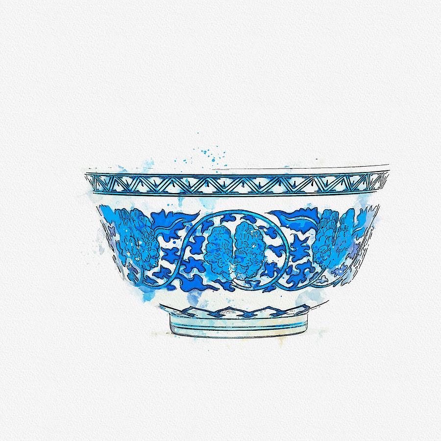 A FINE BLUE AND WHITE  FLORAL SCROLL DEEP BOWL watercolor by Ahmet Asar Painting by Celestial Images