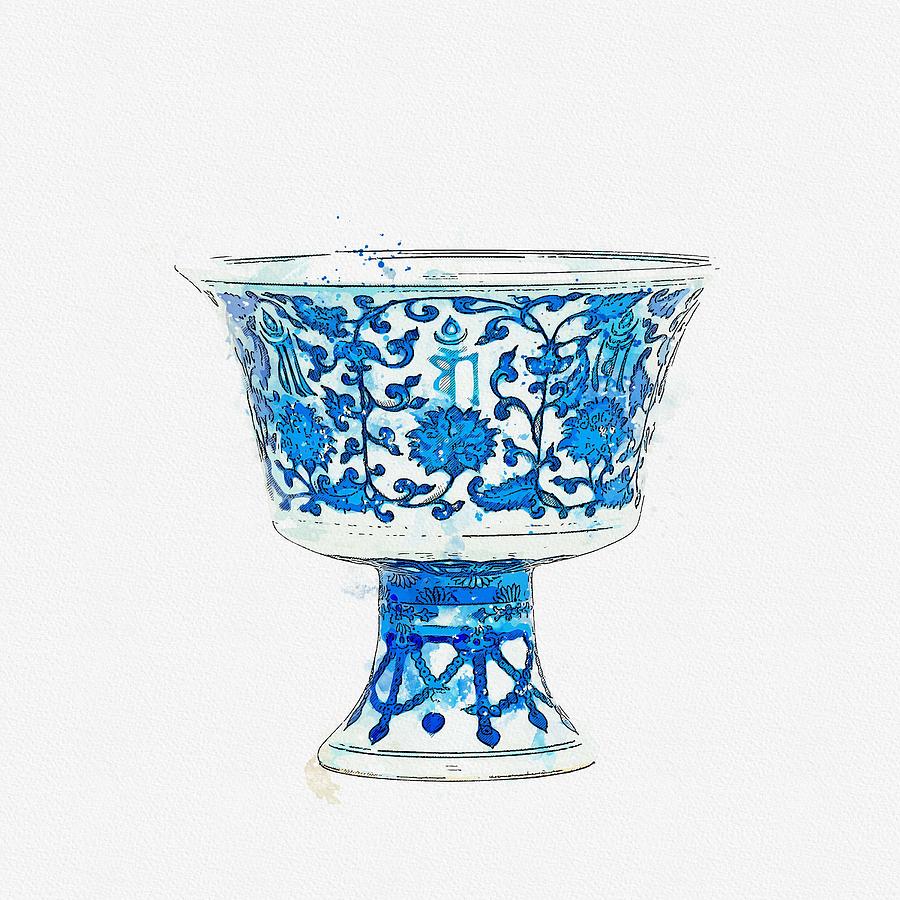 A Fine Blue And White Stem Cup Qianlong Six-character Seal Mark In Underglaze Blue In A Line And Of  Painting by Celestial Images