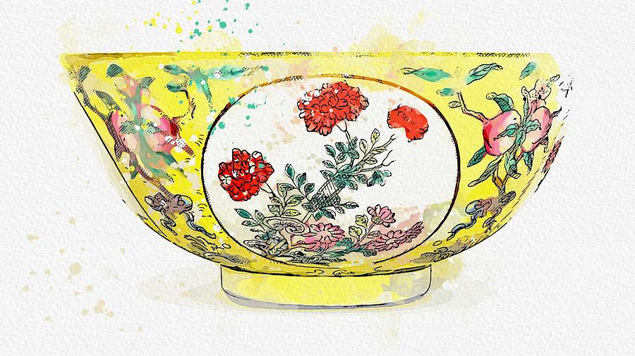 A FINE FAMILLE-ROSE YELLOW-GROUND  MEDALLION BOWL watercolor by Ahmet Asar Painting by Celestial Images
