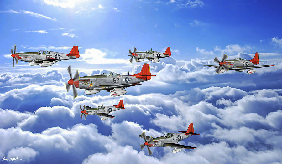 332nd Fighter Group Digital Art - A flight of Red Tails - Oil by Tommy Anderson