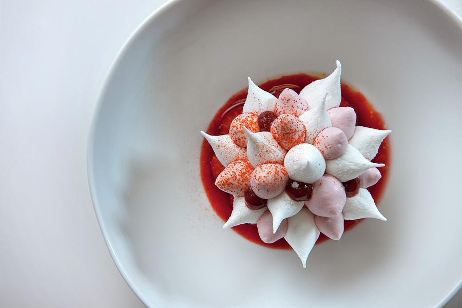 A Flower-shaped Meringue And Berry Sorbet Dessert Photograph by Christophe Madamour