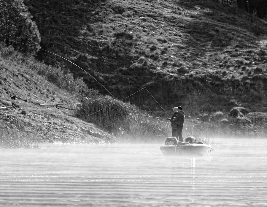 A Foggy Morning on the Lake -- Fishermen on a Boat on Santa Margarita Lake, California Photograph by Darin Volpe
