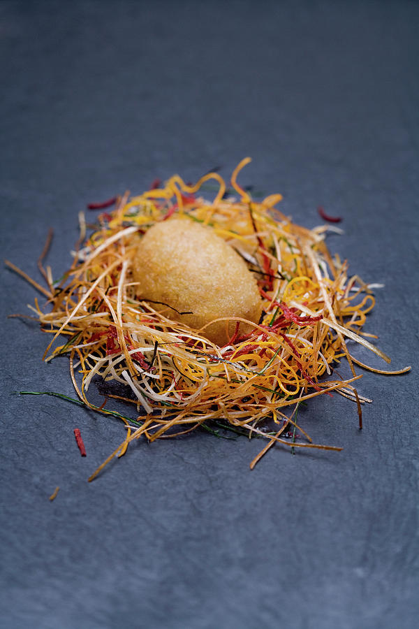 A Foie Gras Egg With Crispy Organic Vegetables, Peach Coulis And Porcini Mushrooms Photograph by Michael Wissing
