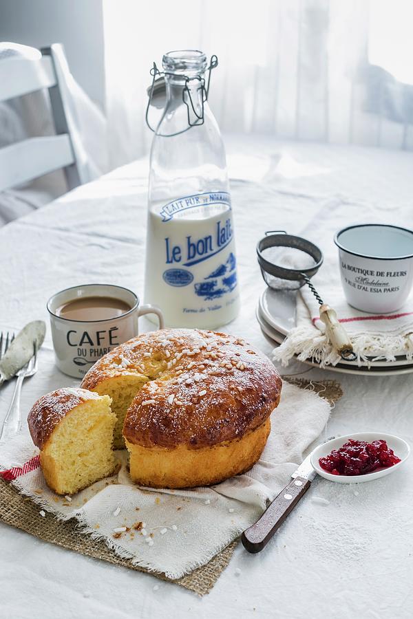 A French Breakfast With Caf Au Lait, Brioche, Jam And A Bottle Of Milk Photograph by Maricruz Avalos Flores