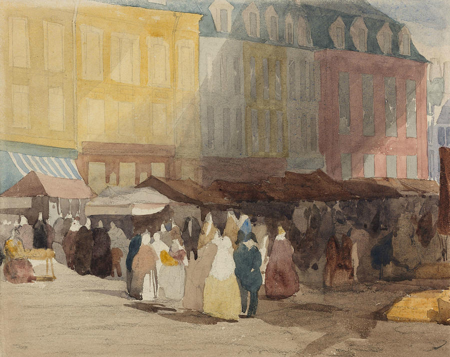 A French Market Scene, possibly Boulogne Drawing by David Cox