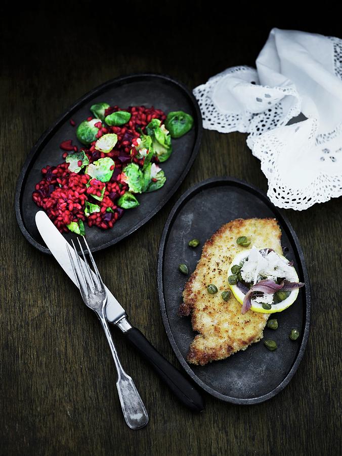 A Fried Fish Fillet With Capers And A Red Wheat Salad With Brussels Sprouts Photograph by Mikkel Adsbl