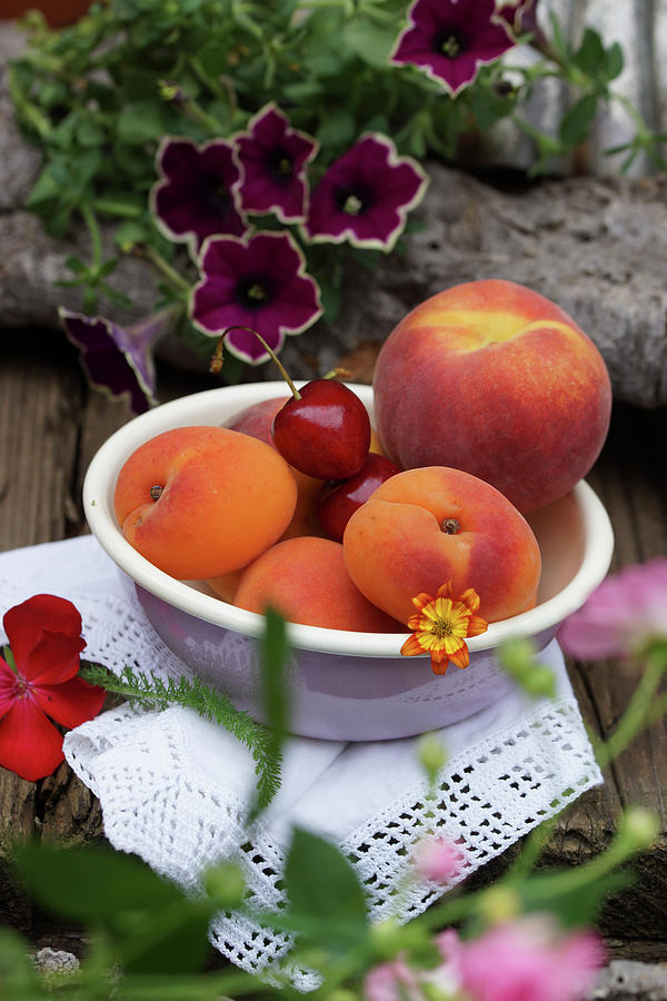 A Fruit Bowl With Apricots, Peach And Sweet Cherries Photograph by Angelica Linnhoff