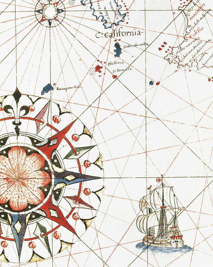 A galleon sailing off the coast of California Detail of the portulan of Castellini, 17th century  Drawing by Italian School