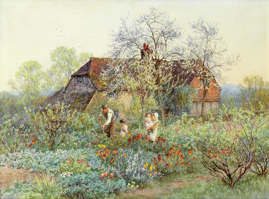 Gardener Painting - A gardener in a cottage garden by Helen Allingham Gardener Painting - A gardener in a cottage garden by Helen Allingham