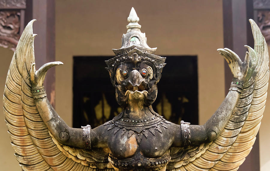 Architecture Photograph - A Garuda Statue, Wat Chang Kam Phra Wihan, Wiang Kum Kam, Chiang by Derrick Neill
