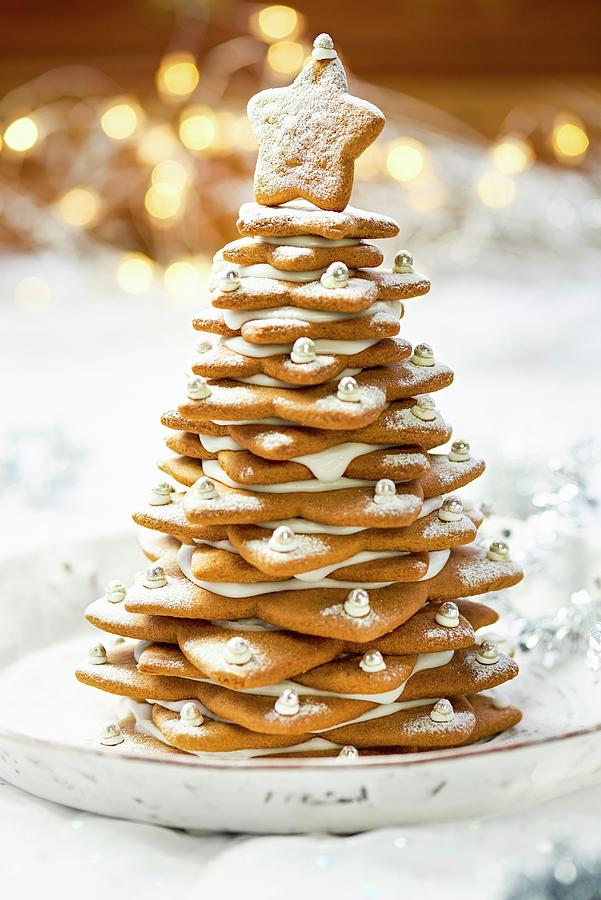 A Gingerbread Tree With Icing Sugar And Silver Beads For Christmas Photograph by Jonathan Short
