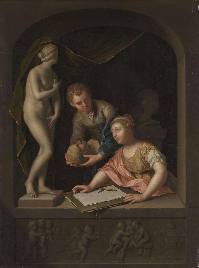 A Girl Drawing and a Boy near a Statue of Venus. A Statue of Venus, with a Girl Drawing and a Boy... Painting by Pieter van der Werff