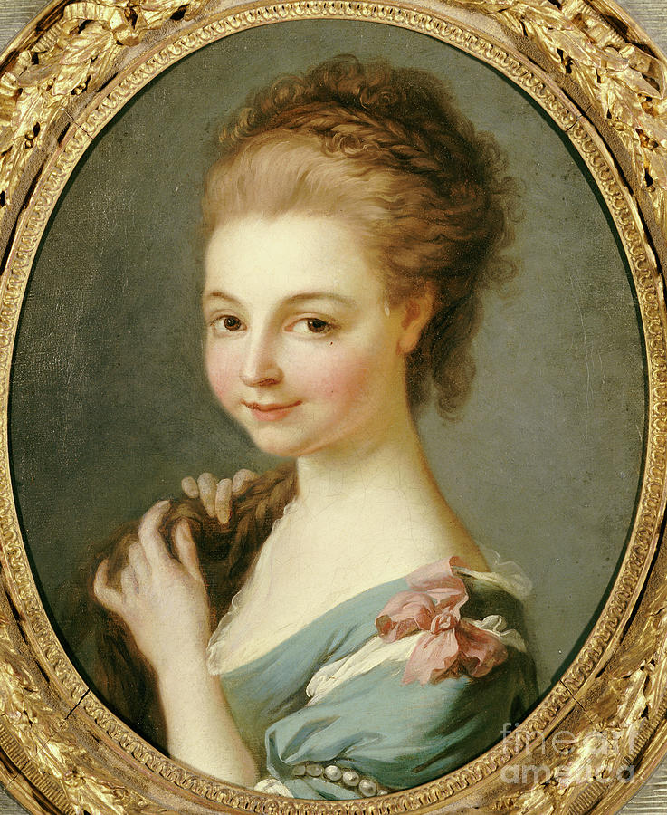 Portrait Painting - A Girl In A Blue Dress With A Pink Ribbon by Carle Van Loo