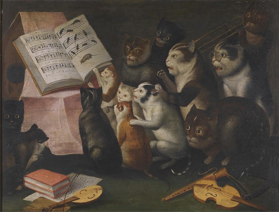 Cat Painting - A Glaring Of Cats Making Music And Singing by Flemish School