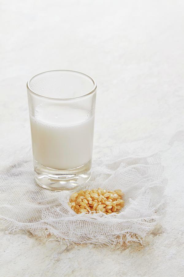 A Glass Of Rice Milk And Brown Rice Photograph by Miriam Rapado