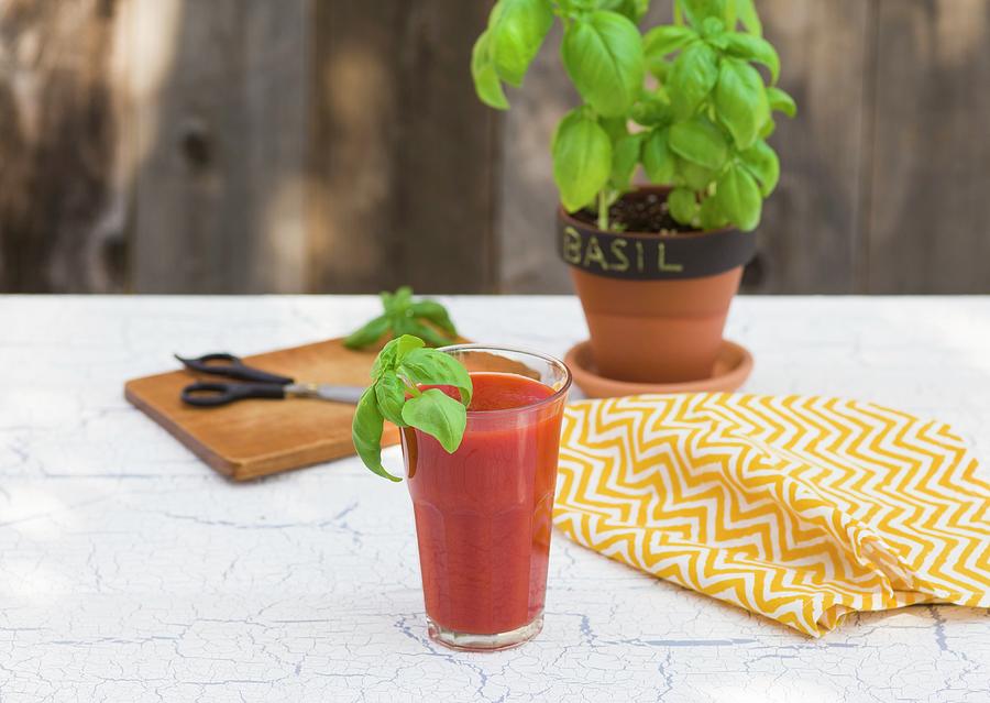 A Glass Of Vegetable Juice Garnished With Basil On A Garden Table Photograph by Don Crossland