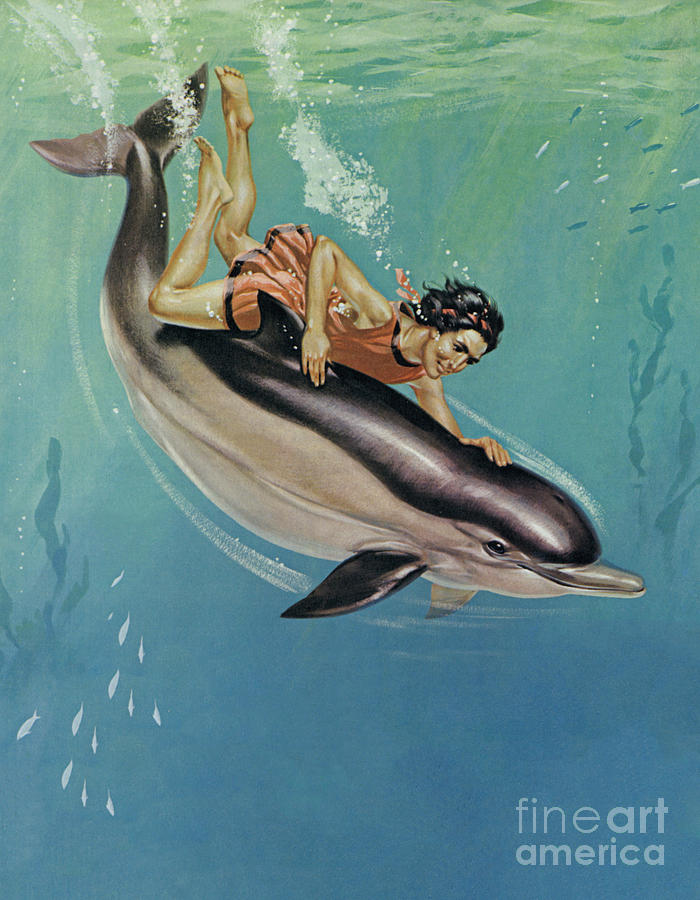 A Greek boy taking a lift on a dolphin  Painting by Angus McBride