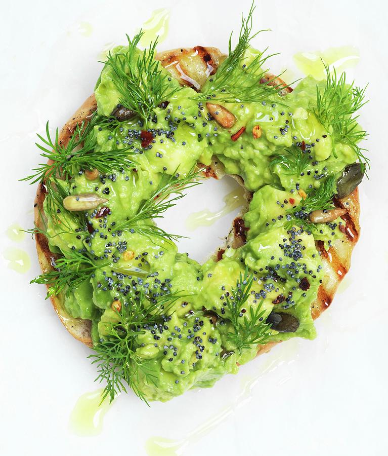 A Grilled Bagel With Avocado Cream And Dill close Up Photograph by Hugh Johnson
