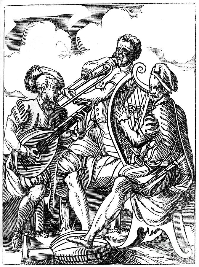 Music Drawing - A Guitarist, A Lutenist And A Trombone by Print Collector